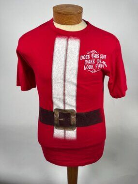 Mens Small Red Christmas T-Shirt With Santa Suit Design & "Does This Suit Make M